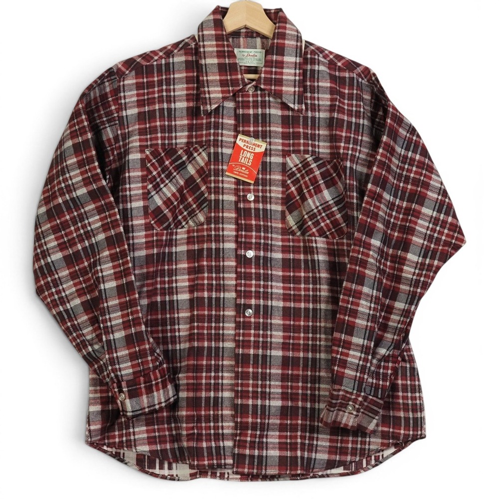Vintage 70s NWT Mens Flannel Shirt L Red Gray Plaid Deadstock USA Donlin Retro
